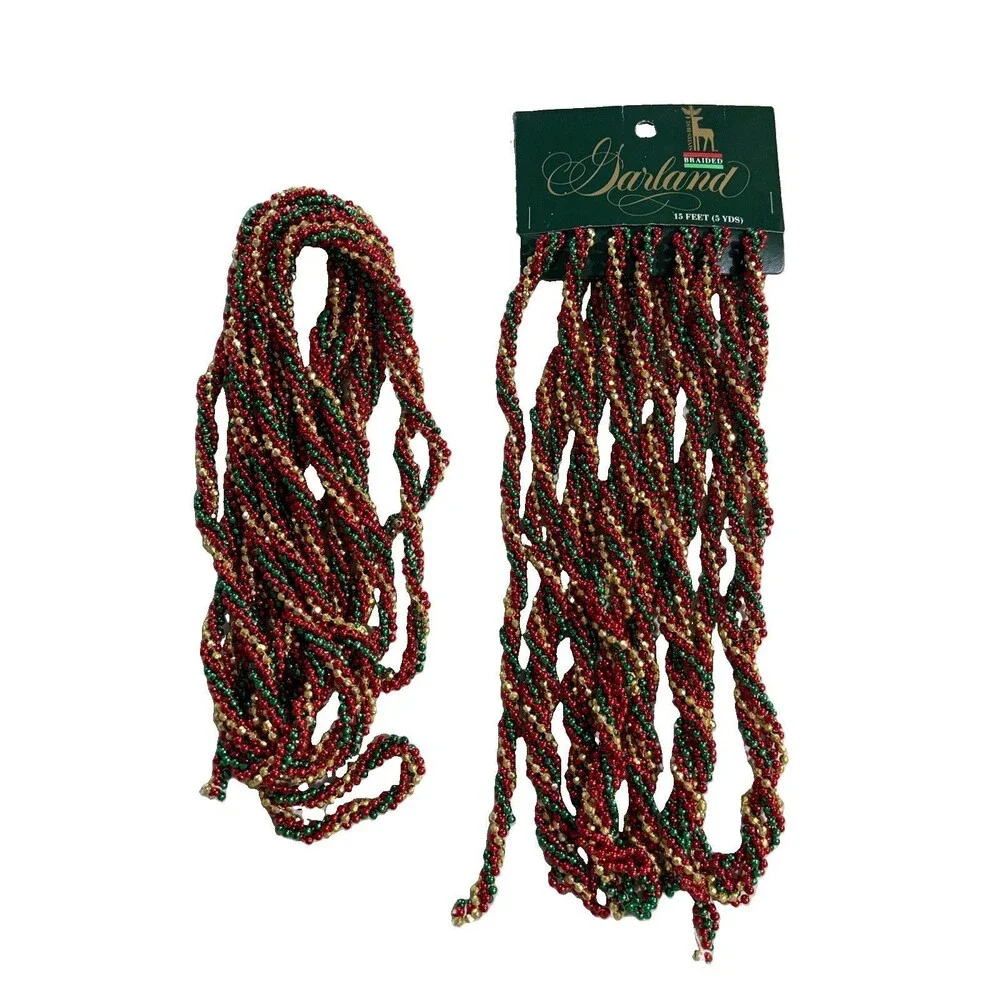 Christmas Braided Plastic Beads Garland Red Gold Vintage 2 Strand 15 Ft